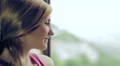 beautiful woman smiling and looking out the window HD Footage