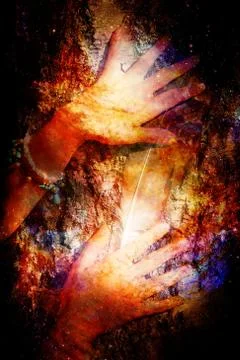 Beautiful womans hands with eagle feathers on birch crust on abstract structured Stock-Illustration