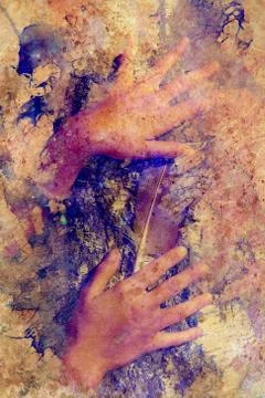 Beautiful womans hands with eagle feathers on birch crust, old photo effect. Stock-Illustration