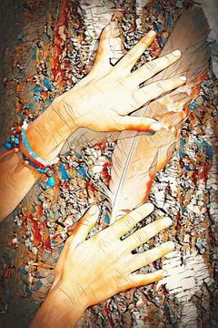 Beautiful womans hands with eagle feathers on birch crust. Stock-Illustration