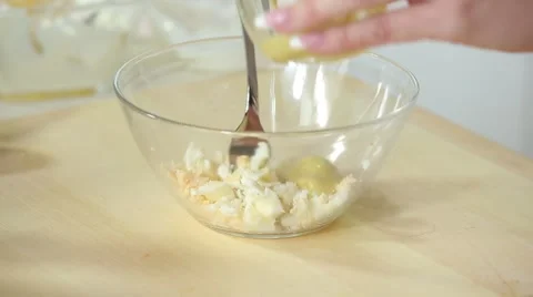 Beautiful woman's hands preparing salad cream corn and tuna Stock Footage 67455468