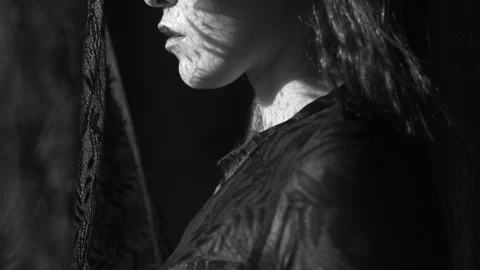 Beautiful woman's portrait with lace pattern shadow and sun light on her face Stock Footage 90173775