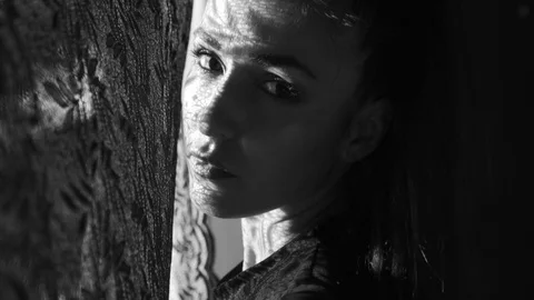 Beautiful woman's portrait with lace pattern shadow and sun light on her face Stock Footage 90173789