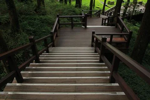 Beautiful wooden walkway in Alishan National Forest Recreation Area in Chiayi Stock Photos