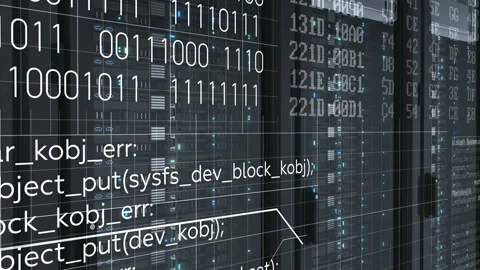 Beautiful Working Rack Servers Close-up with Coding Animation in Modern Data Stock-Footage 92177517