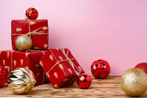 Beautiful wrapped red git boxes for Christmas Fotos de archivo