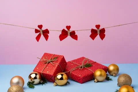 Beautiful wrapped red git boxes for Christmas 写真素材
