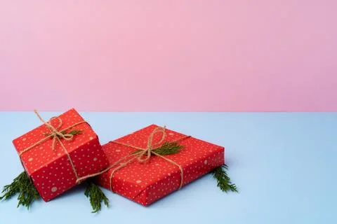 Beautiful wrapped red git boxes for Christmas Stockfoto's