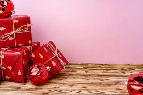 Beautiful wrapped red git boxes for Christmas Foto stock