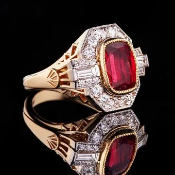 Beautiful yellow gold ring with a ruby on a black background 스톡 사진