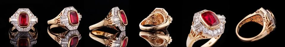 Beautiful yellow gold ring with a ruby on a black background Stock Photos