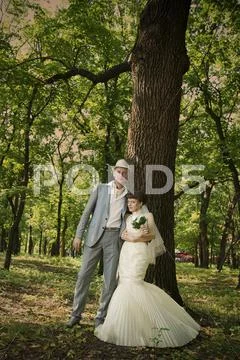 Beautiful young bride and groom Stock Photos