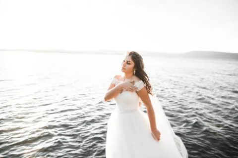 Beautiful young bride posing on the background sea Stock Photos