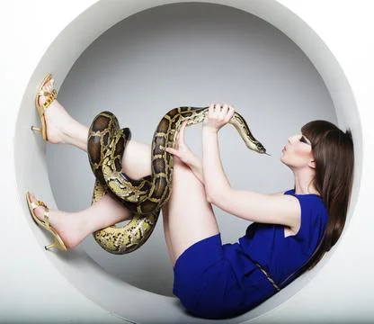 Beautiful young brunette holding a python and kissing him Stock Photos