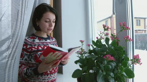Beautiful young brunette woman reading book wearing knitted sweater standing at Video stock 59086477
