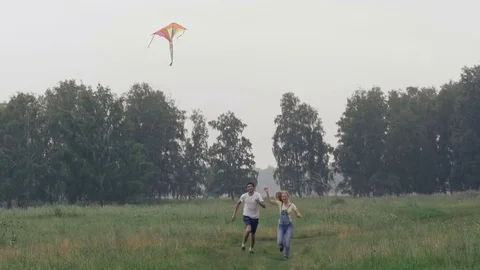 Beautiful young couple having fun in a forest glade, launching a kite Stock Footage 70201973