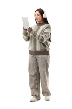 Beautiful young female programmer with tablet computer on white background 库存照片