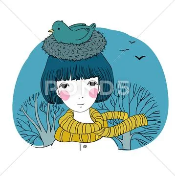 Beautiful young girl and a bird in a nest Stock Illustration