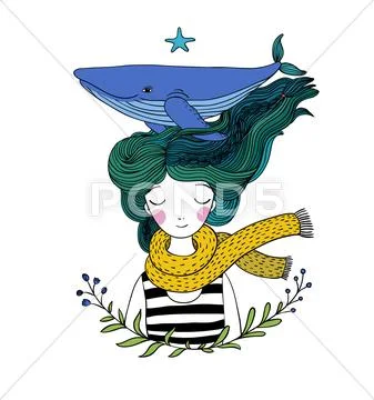 Beautiful young girl sailor with a whale in her hair. Sea animals. Hand drawing Stock Illustration