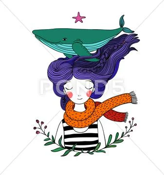 Beautiful young girl sailor with a whale in her hair. Sea animals. Hand drawing Stock Illustration
