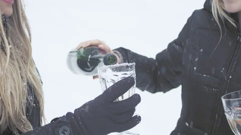 Beautiful young ladies drinking some champagne on a snowy day Vidéo 83617954