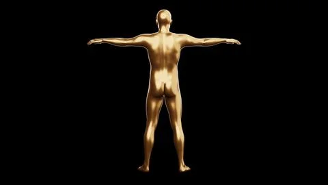 Beautiful young metallic gold man posing, isolated on black background. 3d .. Stock Illustration