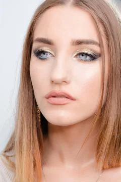 Beautiful young model with bright makeup, pink lips Stock Photos