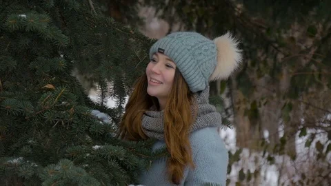 Beautiful young model smiling in winter. Slow motion Stock Footage 71059381