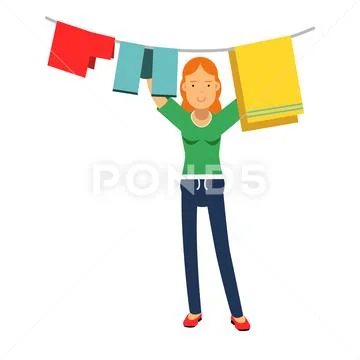 Beautiful young redhead woman hanging wet clothes out to dry, home cleaning and Stock Illustration