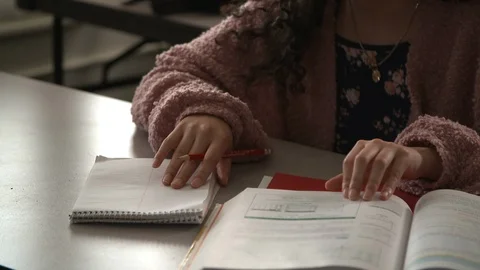 Beautiful Young Student Takes Notes in Class and Writes in Notebook Video stock 125536771