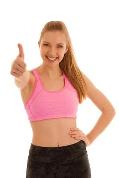 Beautiful young wit woman shows thumb up as gesture for success isolated over Stock Photos