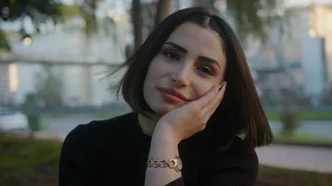 Beautiful young woman close-up portrait of joyful with, the wind waves your h Stock Footage 144730466