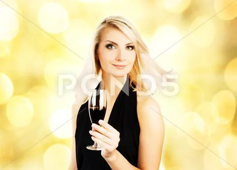 Beautiful young woman with a glass of wine over abstract blurred background Stock Illustration