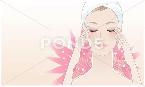 Beautiful young woman pushing her temples on lotus Stock Illustration