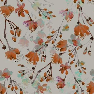 Beautiful,Floral,Seamless,Pattern,Of,Flowering,Branches,On,A,Gray Stock Illustration
