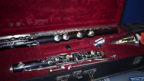 A beautifully crafted set of clarinets displayed in an elegant red velvet-lined  Stock Footage 293564404