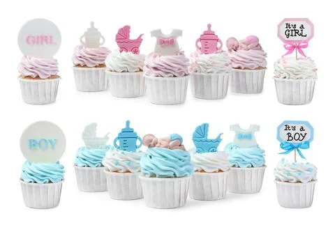 Beautifully decorated baby shower cupcakes on white background, collage Stock Photos