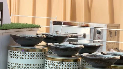 Beautifully Decorated Dish Counter Setup at a Traditional Indian Wedding Vídeo Stock 346389285