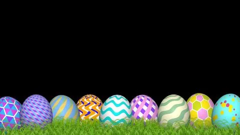 Beautifully decorated easter eggs with grass on black background Stock Illustration