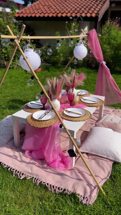 A beautifully decorated table outdoors on green grass for a picnic in pink tones Stock Footage 289144530