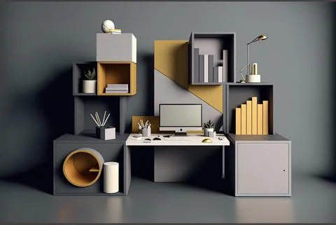 Beautifully designed office furniture blocks with gray backgrounds.. Generative Stock Illustration