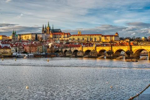 Beautifully lit Mala Strana with Charles Bridge at sunset, Prague Stock Photos