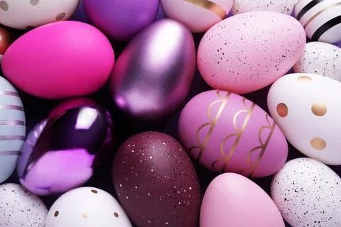 Beautifully painted Easter eggs as background, top view Stock Photos