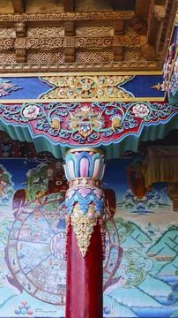 Beautifully painted pillars of Matho Monastery, Leh, Ladakh, India. Stock Photos