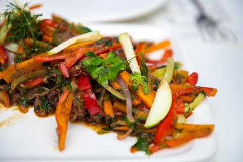 A beautifully served dish of different vegetables Stock Photos