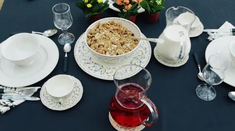Beautifully served table with breakfast. Buffet served on the terrace Stock Footage 68825569
