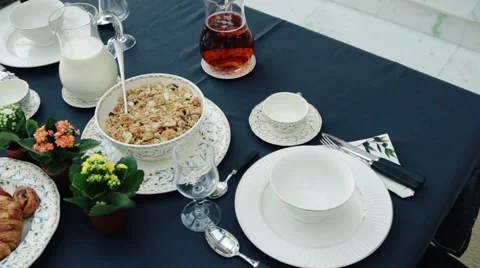 Beautifully served table with breakfast Stock Footage 68825552