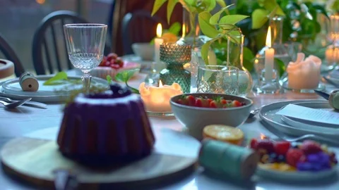 Beautifully served table with candles Stock Footage 121101749