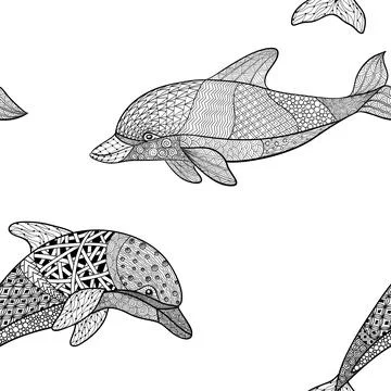 Beautifulseamless pattern of monochrome black and white dolphin with decora.. Stock Illustration