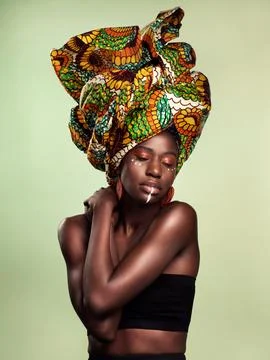 Beauty, black woman fashion and cosmetics with African head wrap and makeup in Stock Photos